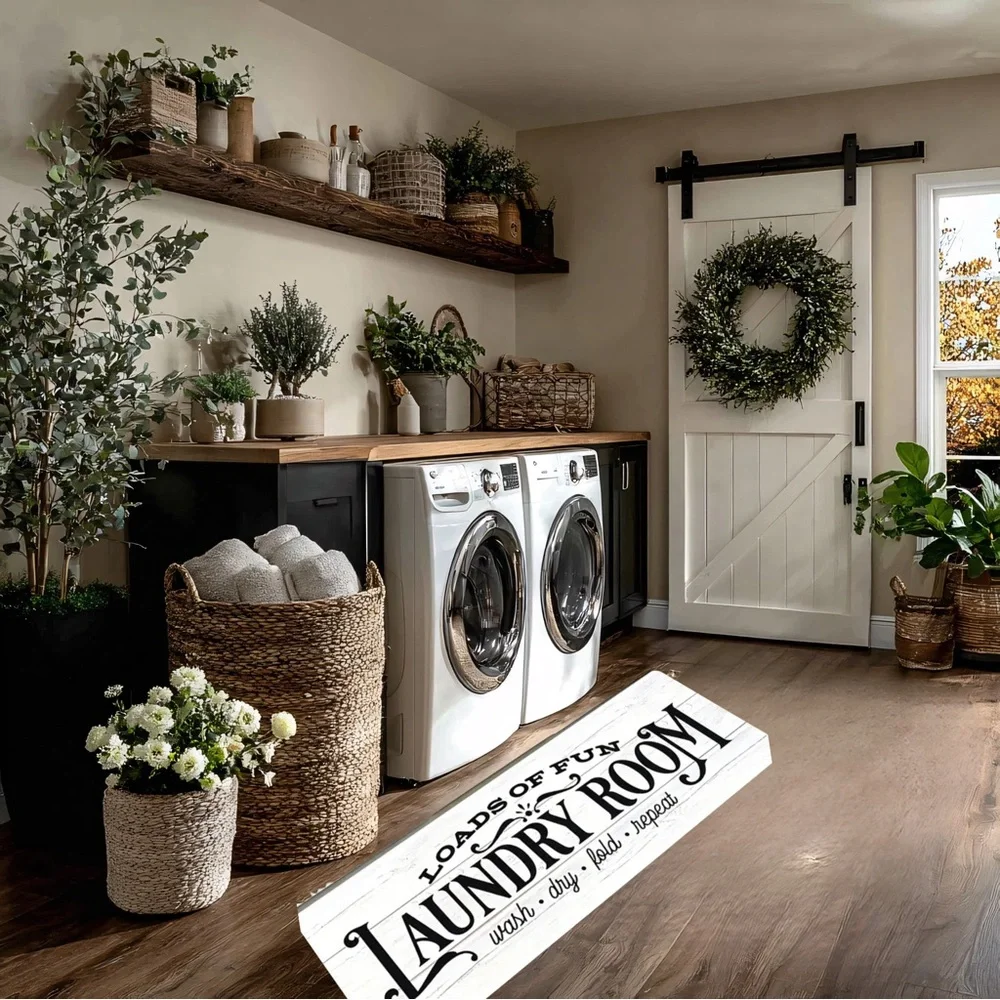 Farmhouse Black and White Laundry Room Rug - 23.5“ x 70.8“